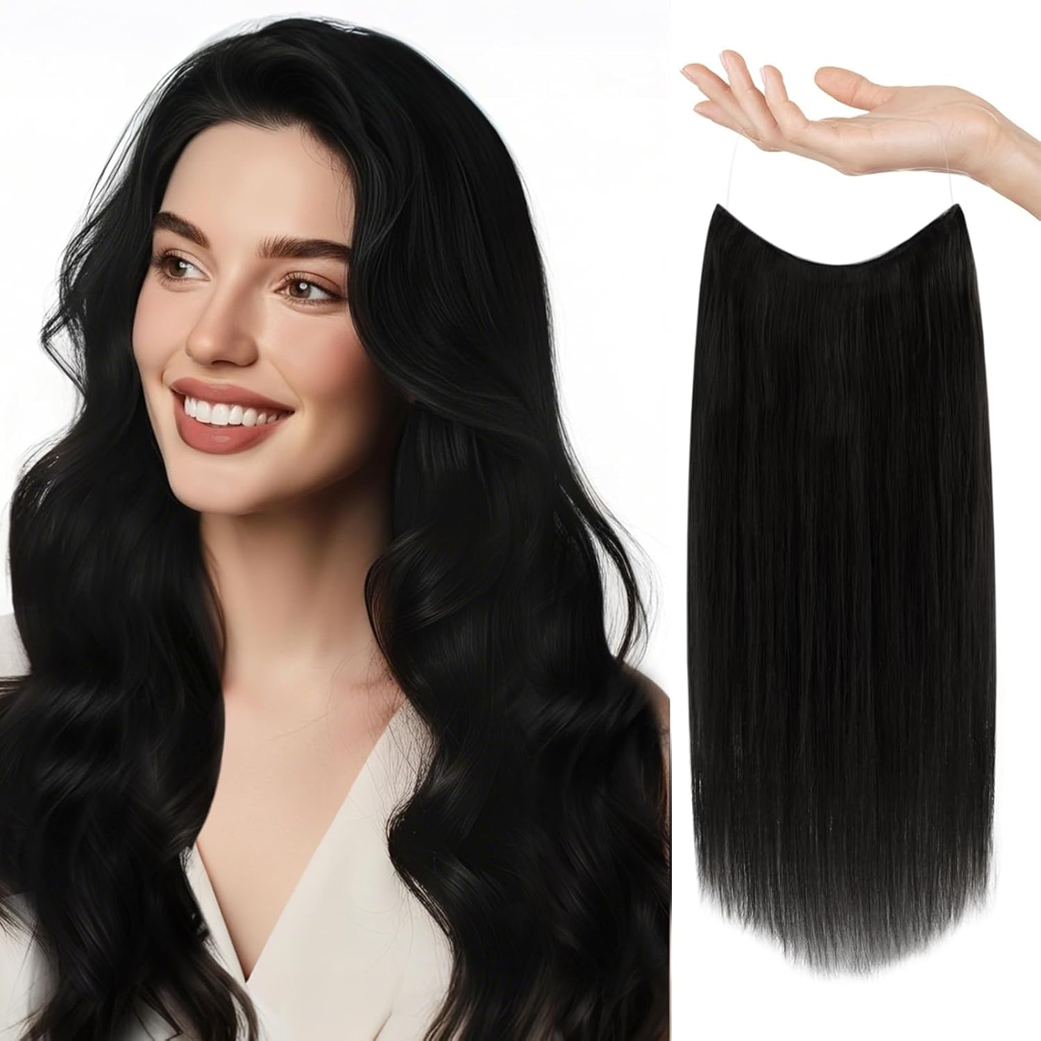 Sunny Wire Hair Extensions Real Human Hair Fish Line Human Hair Extensions Invisible Wire Extensions Jet Black #1 18 Inch
