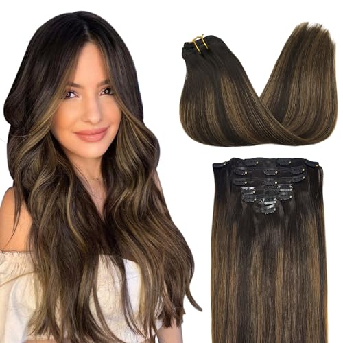 GOO GOO Clip in Hair Extensions Real Human Hair, Remy Human Hair Extensions Clip ins for Women, Natural Human Hair, 14inch 120g 7Pcs, 2/6/2 Balayage Dark Brown to Chestnut Brown