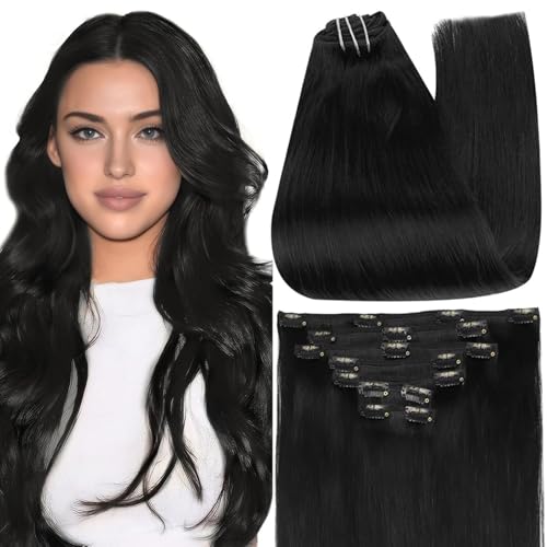 Full Shine Black Hair Extensions Clip in Human Hair Clip in Extensions for Thin Hair Black 7 Pcs Double Weft Straight Hair Extensions for Women 16 Inch 120 G