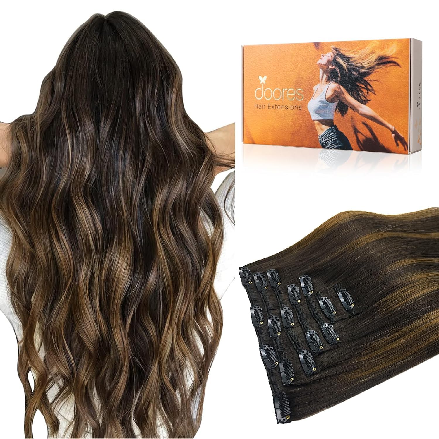 DOORES Clip in Human Hair Balayage Dark Brown to Chestnut Brown 14 Inch 7pcs Clip in Extensions Natural Real Hair 100g Straight