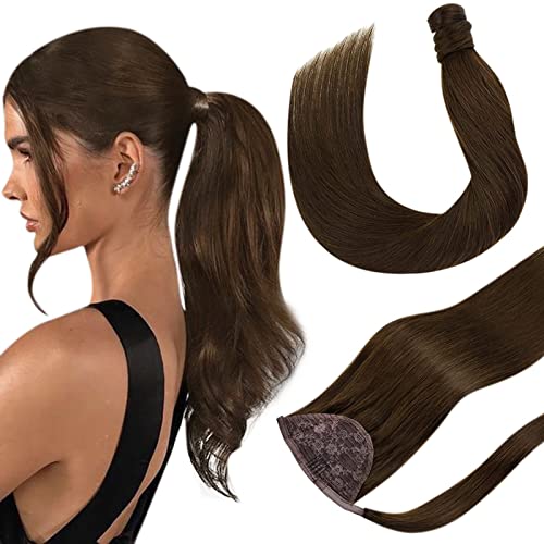 Hetto Pony Tails Hair Extensions Human Hair Ponytail Extension Brown Ponytail Hair Extensions Real Human Hair Dark Brown 12Inch 70G