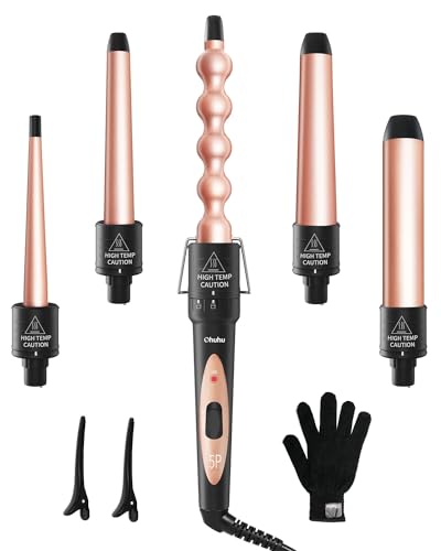5 in 1 Curling Wand Set: Ohuhu Curling Iron Wand 5Pcs 0.35 to 1.25 Inch Interchangeable Ceramic Barrel Heat Protective Glove 2 Clips Dual Voltage Hair Curler for Women Girl Mother Gift Rose Gold