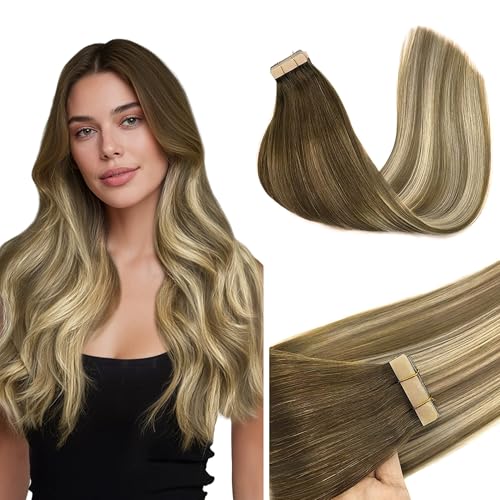 GOO GOO Tape in Hair Extensions Human Hair, 3/8/613 Walnut Brown to Ash Brown and Bleach Blonde, 16inch 50g 20pcs, Skin Weft Seamless Invisible, Silky Straight with Thick Ends, Remy Human Hair
