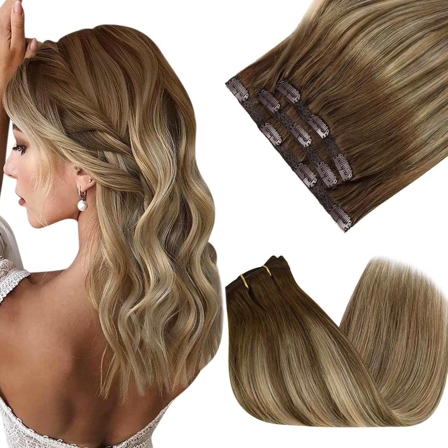Sunny Hair Clip in Hair Extensions Straight Human Hair Clip in Extensions Remy Clip in Hair Extensions Real Human Hair Extensions Clip ins Medium Brown Balayage Blonde 6/60/6 14inch
