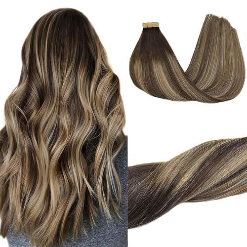 GOO GOO Tape in Hair Extensions Human Hair, 4/26/4 Balayage Chocolate Brown to Honey Blonde, 22inch 50g 20pcs, Skin Weft Seamless Invisible, Silky Straight with Thick Ends, Remy Human Hair