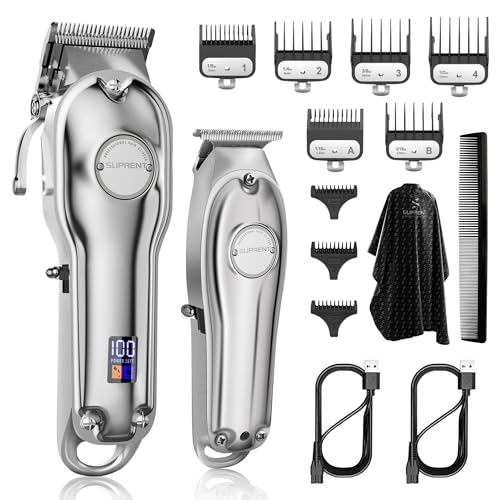 SUPRENT PRO Professional Hair Clippers for Men- Hair Cutting Kit & Zero Gap T-Blade Trimmer Combo- Cordless Barber Clipper Set with LED Display for Mens Gifts (Silver)