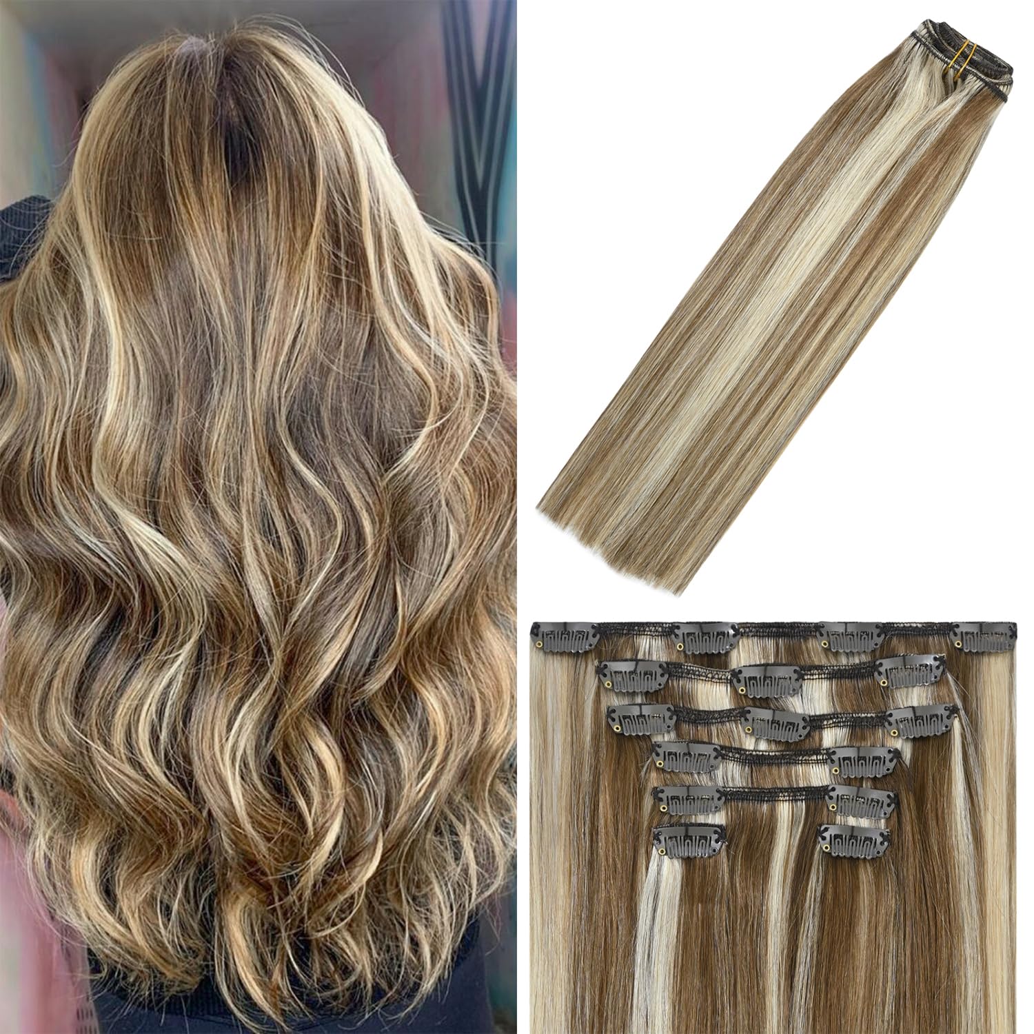 WindTouch Clip in Hair Extensions Human Hair Balayage Medium Light Brown to Blonde 15Inch 75g Hair Extensions for Blonde Remy Hair Straight 7PCS #6p613 Gift for Women