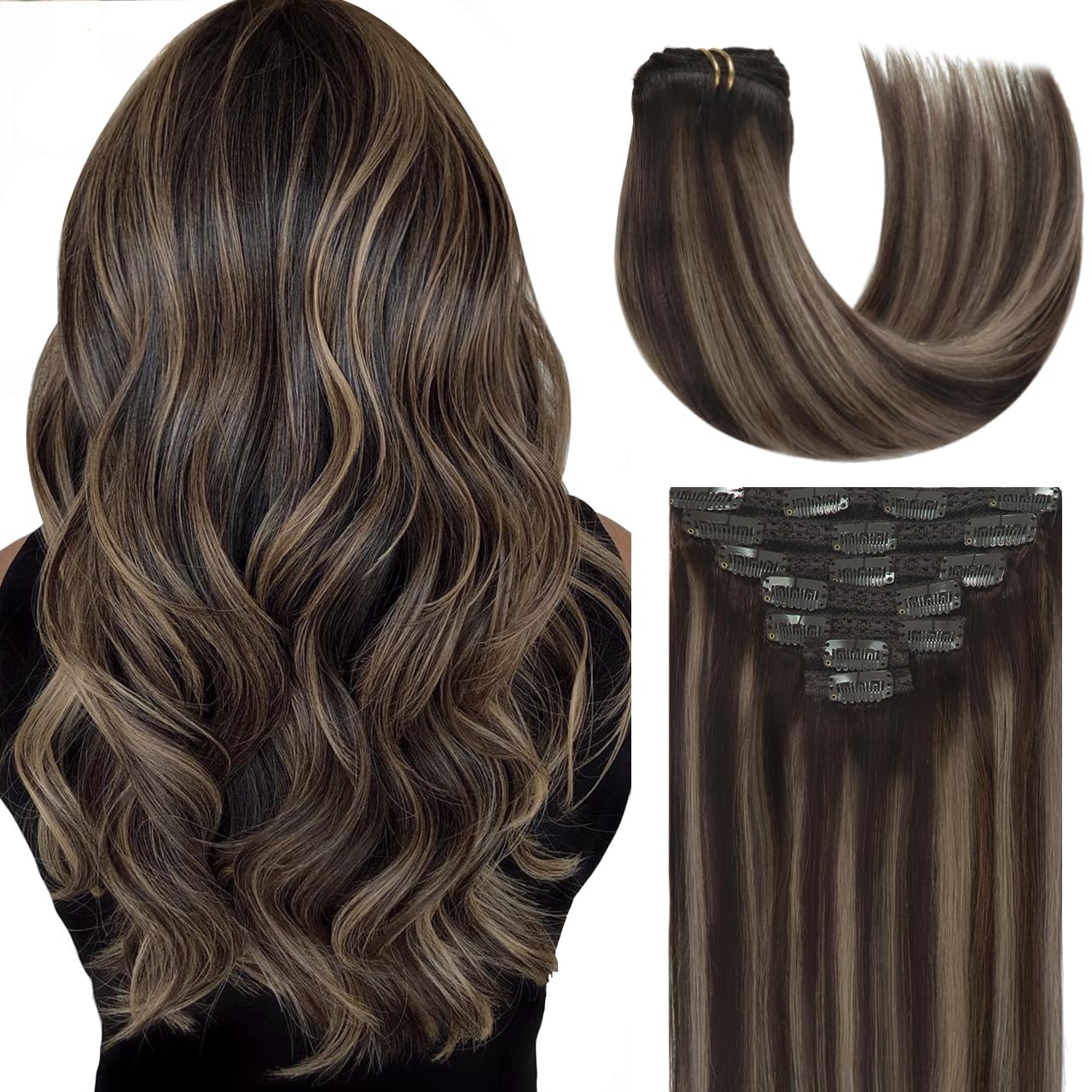 Lacer Clip in Hair Extensions Real Human Hair Silky Straight Clip in Extensions Dark Brown to Medium Brown Highlight R#2-2/6 120g 7pcs with 16 Clips per Set 18 Inch
