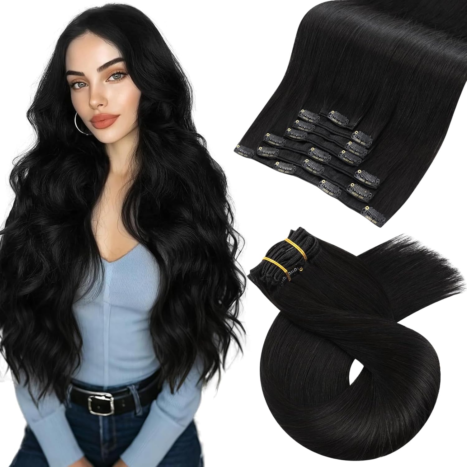 Moresoo Black Clip in Hair Extensions Real Remy Human Hair Clip in Extensions Black Hair Extensions for Women Remy Double Weft 120g/7pcs 20 Inch
