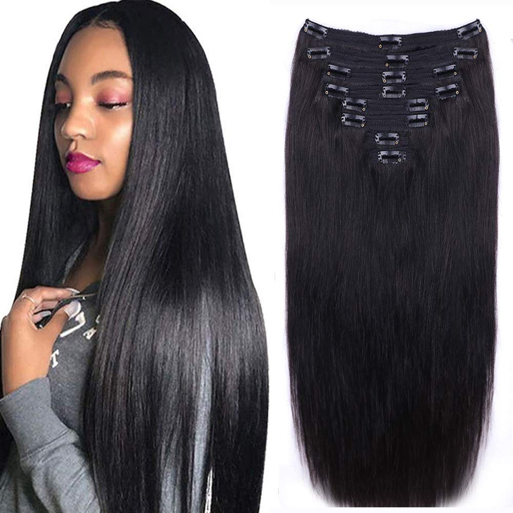 Straight Human Hair Clip in Hair Extensions for Women 100% Unprocessed Full Head Brazilian Virgin Hair Natural Black Color,8/Pcs with 18Clips,120 Gram (20inch, Straight hair)