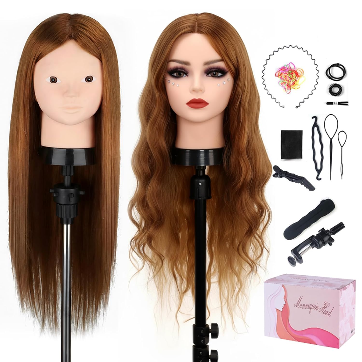 Mannequin Head with 80% Human Hair, TopDirect 24" Brown Real Hair Cosmetology Mannequin Head Hair Styling Hairdressing Practice Training Doll Heads with Clamp Holder and Tools