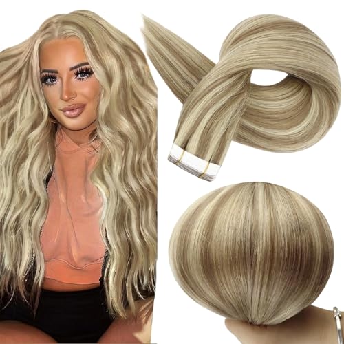 Full Shine Tape in Hair Extensions 20 Inch Human Hair Tape in Extensions Remy Hair Color 16/22 Golden Blonde Highlighted Light Blonde Hair Extensions Real Human Hair 50G 20Pcs Seamless Skin Weft Hair
