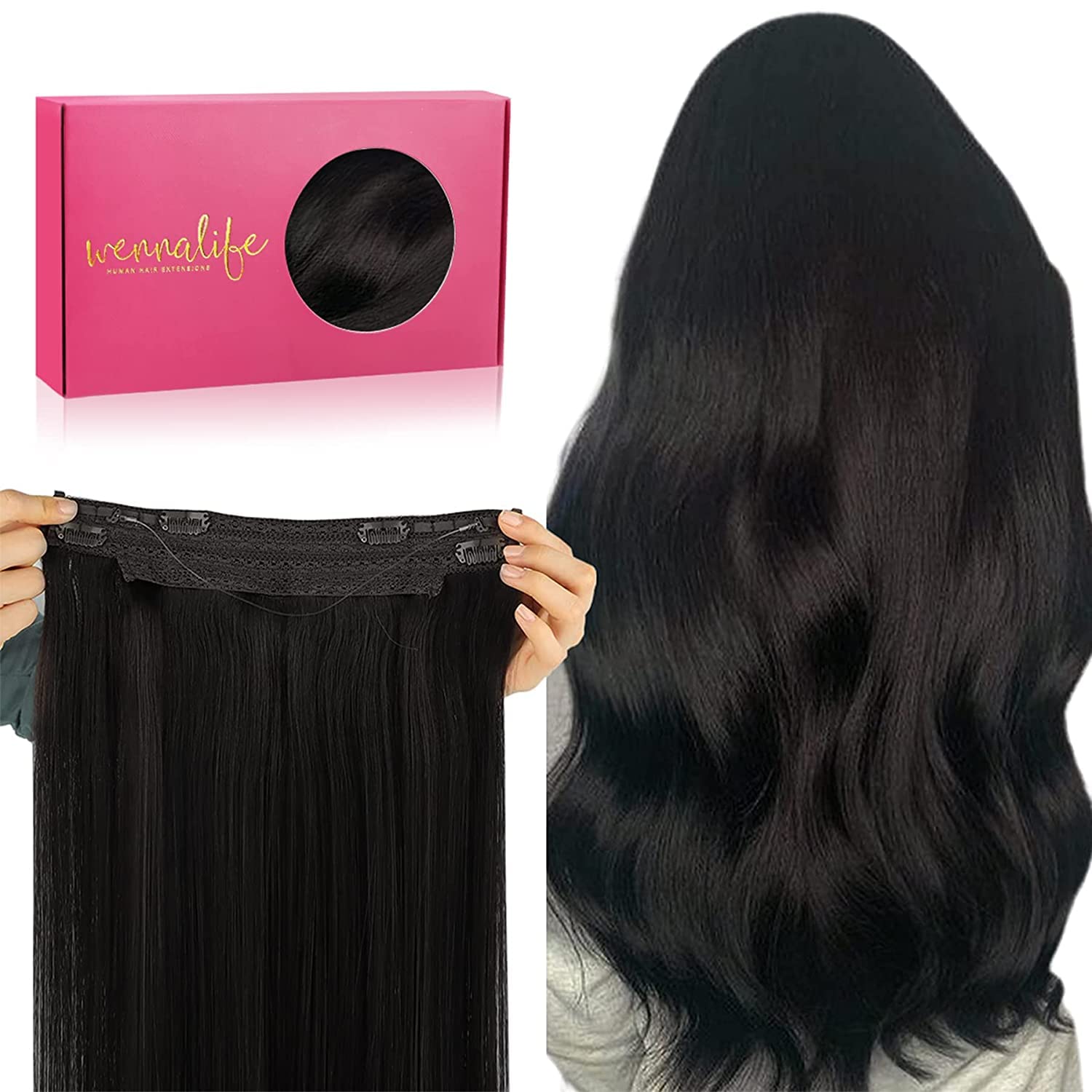 WENNALIFE Wire Hair Extensions (Increase 50% Lifespan) Real Human Hair 14 inch 75g Natural Black Remy Hair Extensions Invisible Transparent Wire Fish Line Straight Real