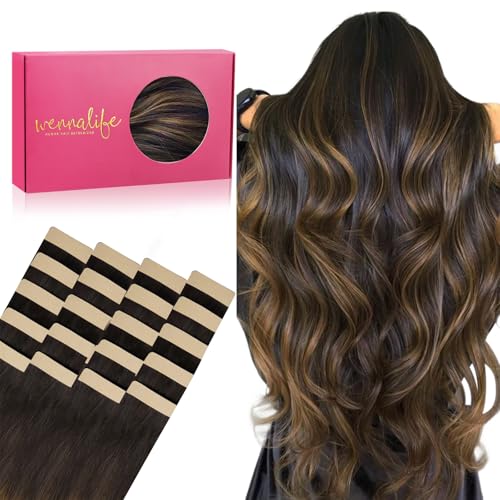 WENNALIFE Tape in Hair Extensions Human Hair, 20pcs 16 inch 50g Balayage Dark Brown Mixed Chestnut Brown Remy Tape Hair Extensions Real Human Hair Extensions Coloured