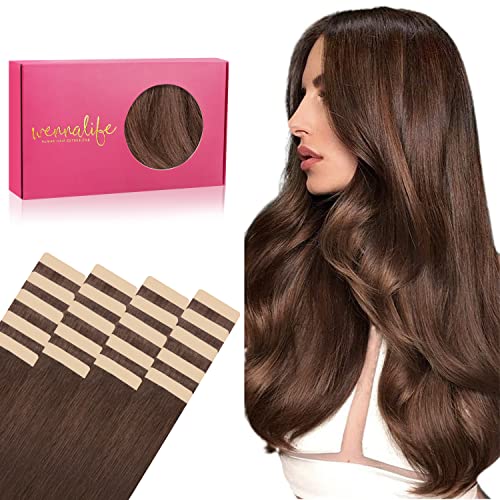 WENNALIFE Tape in Hair Extensions Human Hair, 20pcs 50g 20 inch Chocolate Brown Remy Hair Extensions Straight Human Hair Tape in Extensions Skin Weft Tape Extensions Human Hair