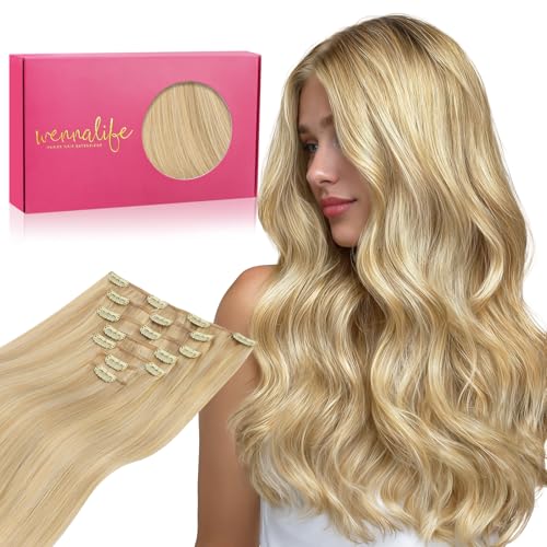 WENNALIFE Clip in Human Hair Extensions, 16 Inch 120g 7pcs Light Blonde Highlighted Golden Blonde Hair Extensions Clip In Human Hair Remy Clip in Real Human Hair Double Weft