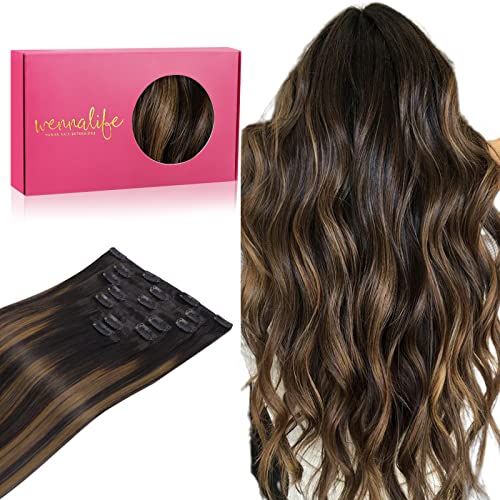 WENNALIFE Clip in Human Hair Extensions, 18 Inch 120g 7pcs Natural Black to Chestnut Brown Balayage Hair Extensions Clip In Human Hair Remy Clip in Hair Extensions Real Human Hair Double Weft