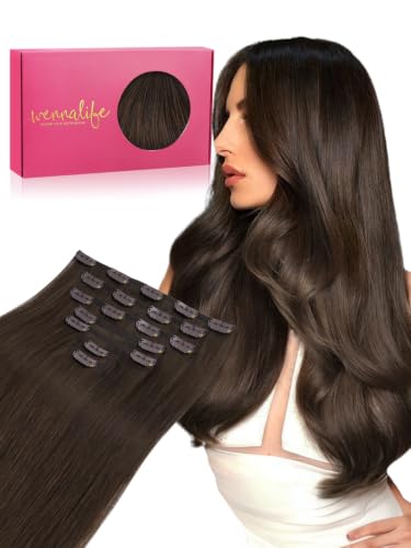WENNALIFE Clip in Hair Extensions Real Human Hair, 24 Inch 120g 7pcs Chocolate Brown Hair Extensions Clip in Human Hair Remy Clip in Hair Extensions Real Human Hair Double Weft