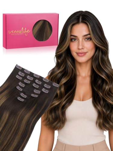 WENNALIFE Clip in Hair Extensions Real Human Hair, 22 Inch 120g 7pcs Dark Brown to Chestnut Brown Balayage Hair Extensions Clip In Human Hair Remy Clip in Hair Extensions Real Human Hair Double Weft