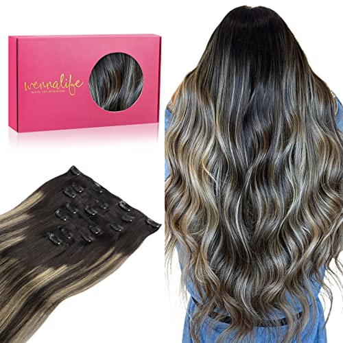 WENNALIFE Clip in Human Hair Extensions, 14 Inch 120g 7pcs Balayage Natural Black to Light Blonde Remy Clip in Hair Extensions Double Weft