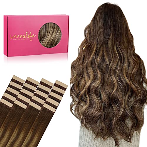 WENNALIFE Tape in Hair Extensions, 20pcs 20 Inch 50g Balayage Chocolate Brown to Caramel Blonde Remy Human Hair, Coloured Tape Extensions