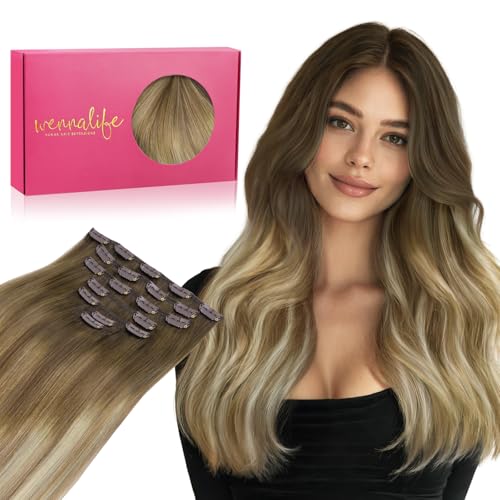 WENNALIFE Clip in Hair Extensions Real Human Hair, 20 Inch 120g 7pcs Ombre Walnut Brown to Ash Brown and Bleach Blonde Clip in Human Hair Remy Clip in Hair Extensions Real Human Hair Double Weft
