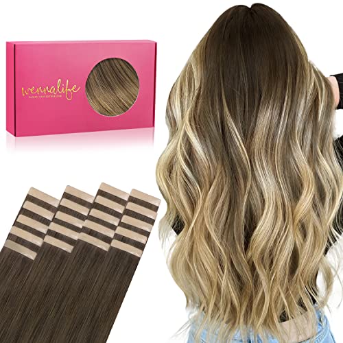 WENNALIFE Tape in Hair Extensions Human Hair, 20pcs 14 inch Ombre Walnut Brown
