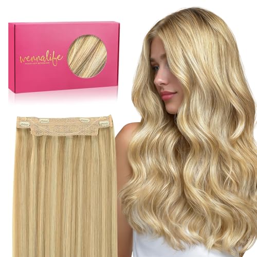 WENNALIFE Wire (Increase 50% Lifespan) Real Human Hair 14 inch 75g Light Blonde Highlighted Golden Blonde Remy Hair Extensions Invisible Transparent Wire Fish Line Hair Extensions