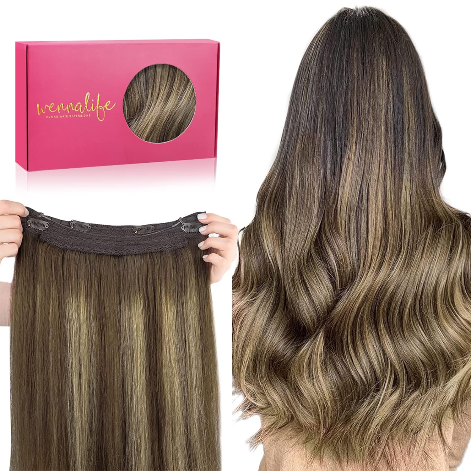 WENNALIFE (Increase 50% Lifespan) Real Human Hair 16 inch 95g Balayage Chocolate Brown to Caramel Blonde Remy Wire Hair Extensions Invisible Fish Line Real Hair Extensions