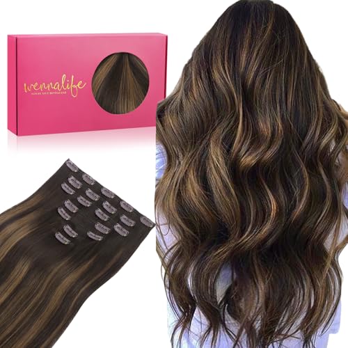 WENNALIFE Clip in Hair Extensions Real Human Hair, 18 Inch 120g 7pcs Dark Brown to Chestnut Brown Balayage Hair Extensions Clip In Human Hair Remy Clip in Hair Extensions Real Human Hair Double Weft