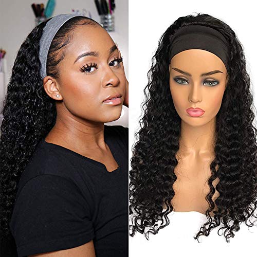 XSY Headband Wig Human Hair Deep Wave 20 Inch Curly Headband Wigs for Women 10A Brazilian Human Hair Wigs Glueless None Lace Front Wig Natural Color