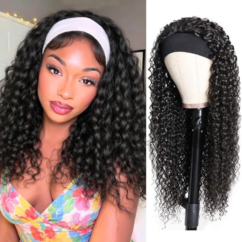 XSY Headband Wig Human Hair Deep Wave 16 Inch Curly Headband Wig Glueless None Lace Front Wigs for Black Women Half Wigs 150% Density Natural Color