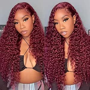 Glueless Burgundy Deep Wave Lace Front Wigs Human Hair Wigs for Black Women Pre Plucked 99J 13x4 Transparent Lace Frontal Wigs Wet and Wavy Red Colored Curly Human Hair Wig 180% Density 16 Inch