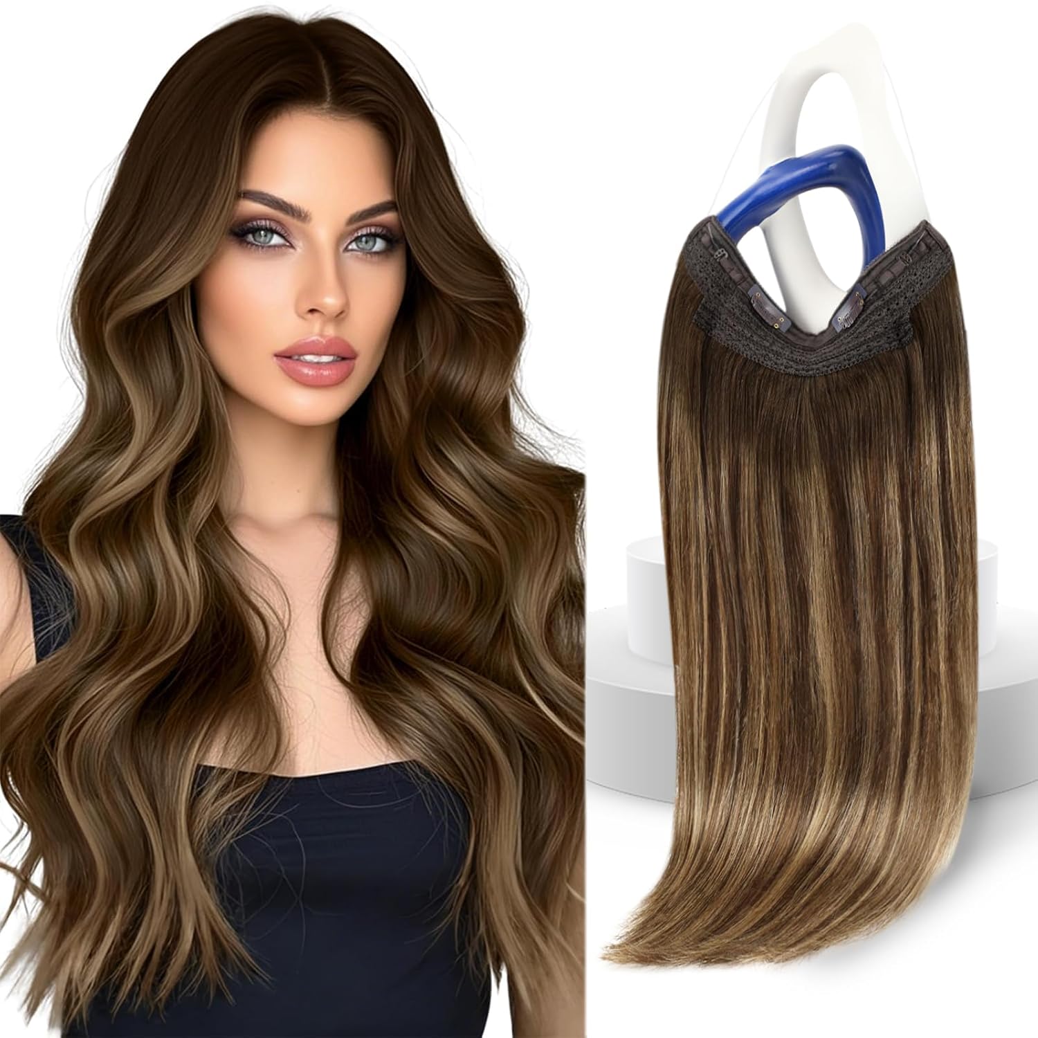 Sunny Hair Wire Hair Extensions Real Human Hair Fish Line Human Hair Extensions Invisible Wire Extensions Dark Brown to Caramel Blonde with Dark Brown Highlights #4/27/4 12 Inch