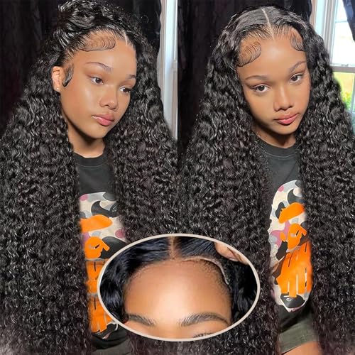 Wear and Go Glueless Wigs Human Hair Pre Plucked Pre Cut 5x5 HD Closure Wigs Human Hair Deep Wave Lace Front Wigs for Black Women 210% Dentisy 12A Deep Curly Glueless Wig Bleached Knots (24 Inch)