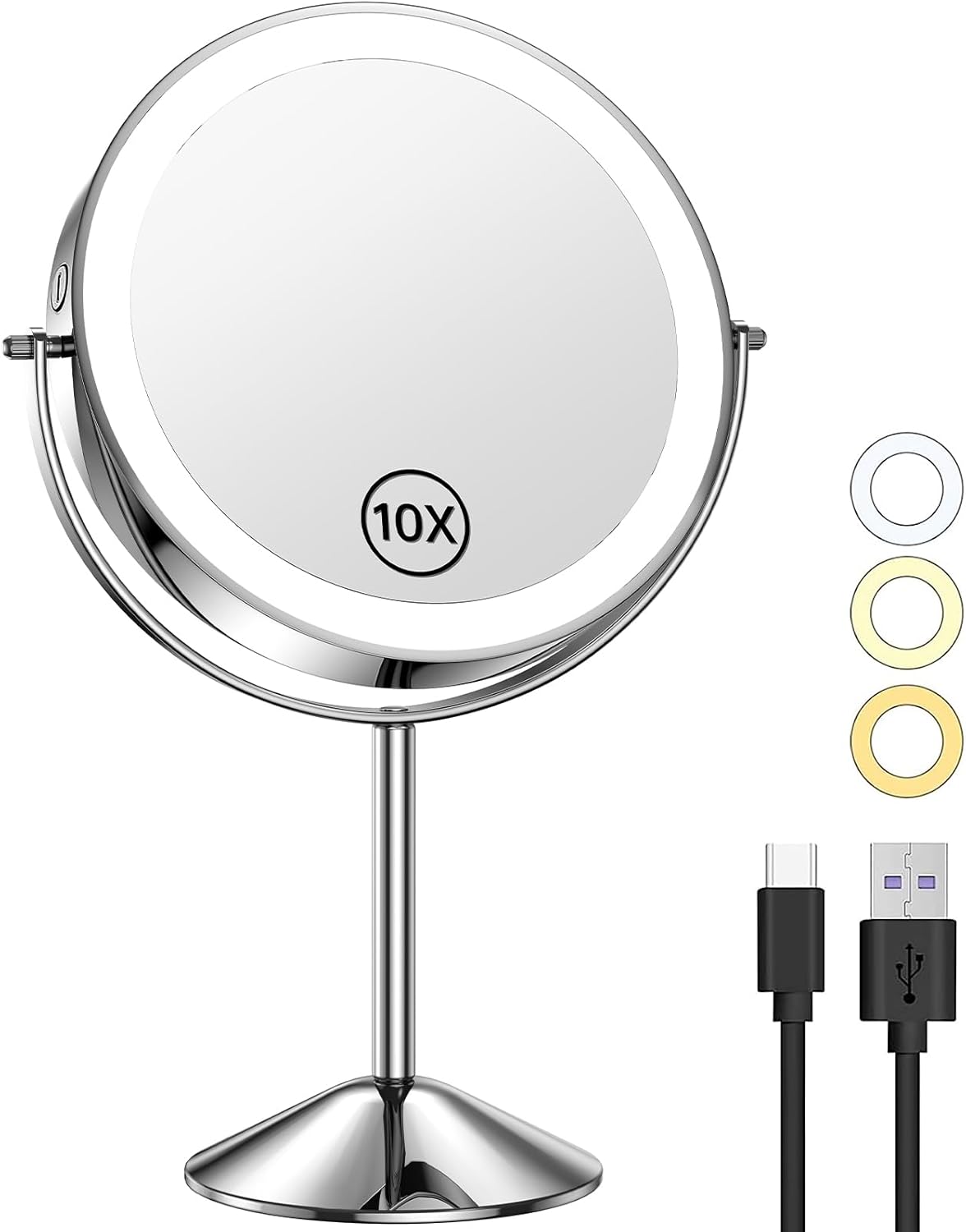 Gospire 8" Lighted Makeup Mirror with Magnification 10X/1X, 3 Color Lights & Dimmable Lighting, 360 Rotation Double Sided Rechargeable Cordless Vanity Cosmetic Standing LED Mirror for Makeup