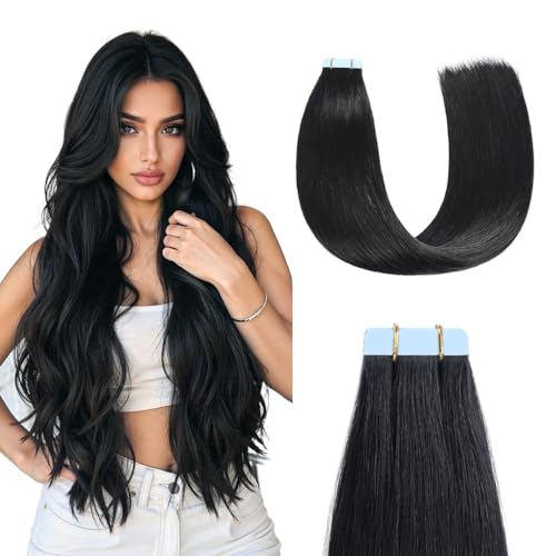 Sunya Tape in Hair Extensions Human Hair 18 inches Silky Straight Remy Human Hair Seamless Skin Weft Tape in Extensions 18 inches #1 Jet Black 50 Gram 20Pcs/Pack Thick Hair
