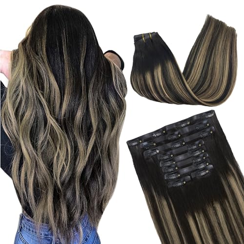 GOO GOO Clip in Hair Extensions Real Human Hair, Remy Human Hair Extensions Clip ins for Women, Natural Human Hair, 14inch 130g 9Pcs, 1B/16/1B Balayage Natural Black to Light Blonde