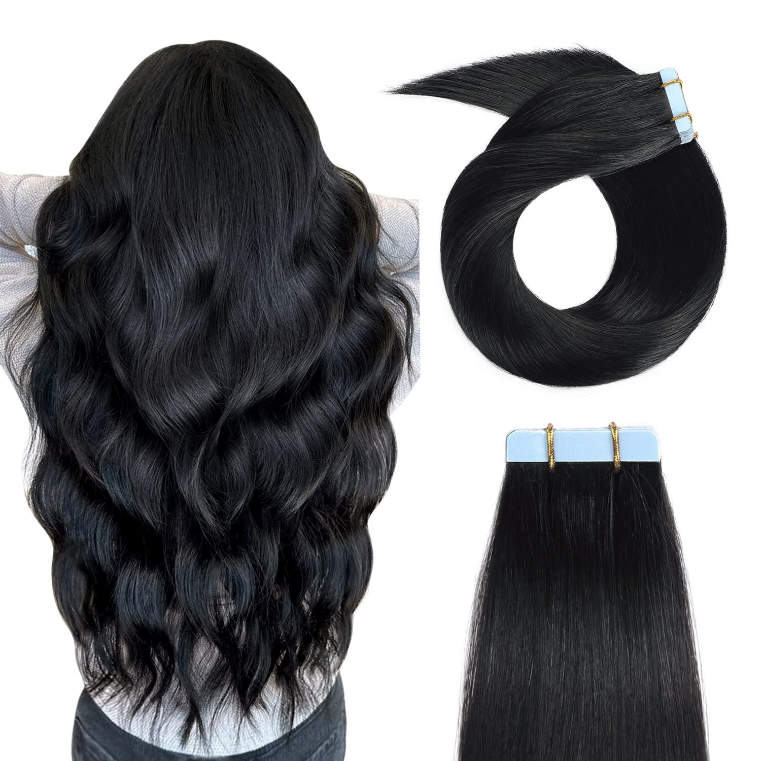 Yilite Tape in Hair Extensions - Human Hair, Silky Straight Remy, 20pcs 50g Jet Black, 18 inches