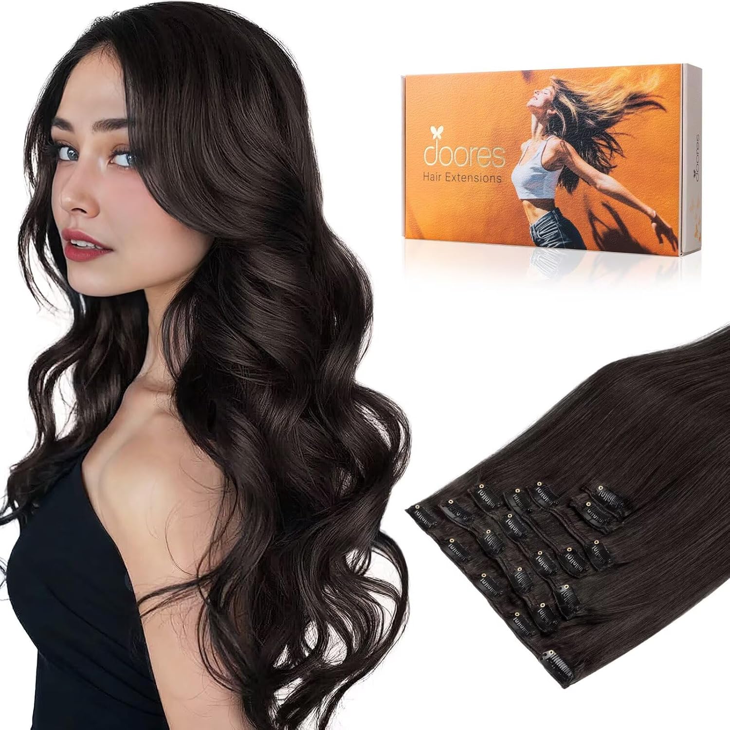DOORES Clip in Human Hair Extensions Dark Brown 120g 7pcs 16 Inch Straight Real Hair Extensions Clip in Remy Natural Hair Extensions