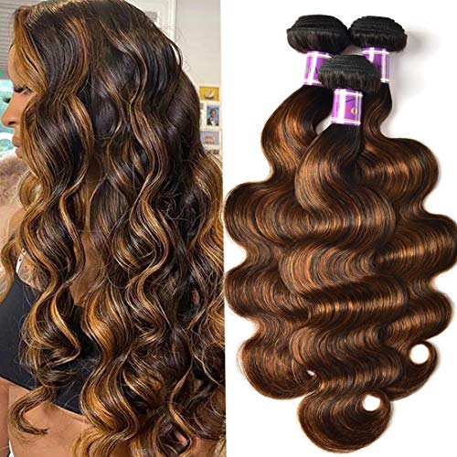 UNice Brown Highlight Body Wave Human Hair Weave 3 Bundles 20 22 24 inch, Brazilian Remy Hair Ombre Blonde Human Hair Wavy Weaves Sew in Piano Color TFB30