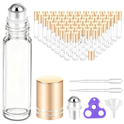PrettyCare 60 Pack, 10 ml Essential Oil Roller Bottles with Stainless Steel Roller Ball - Bulk Refillable Leak-proof Empty Thick Clear Glass Roll on Bottles with Metal Caps for Travel, Perfume