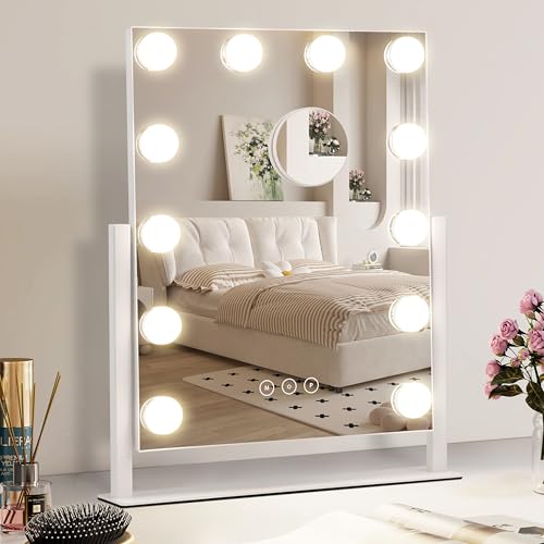 Vanity Makeup Mirror with Lights,3 Color Lighting Modes Detachable 10X Magnification Mirror Touch Control,360Rotation, White (14.6Inch)