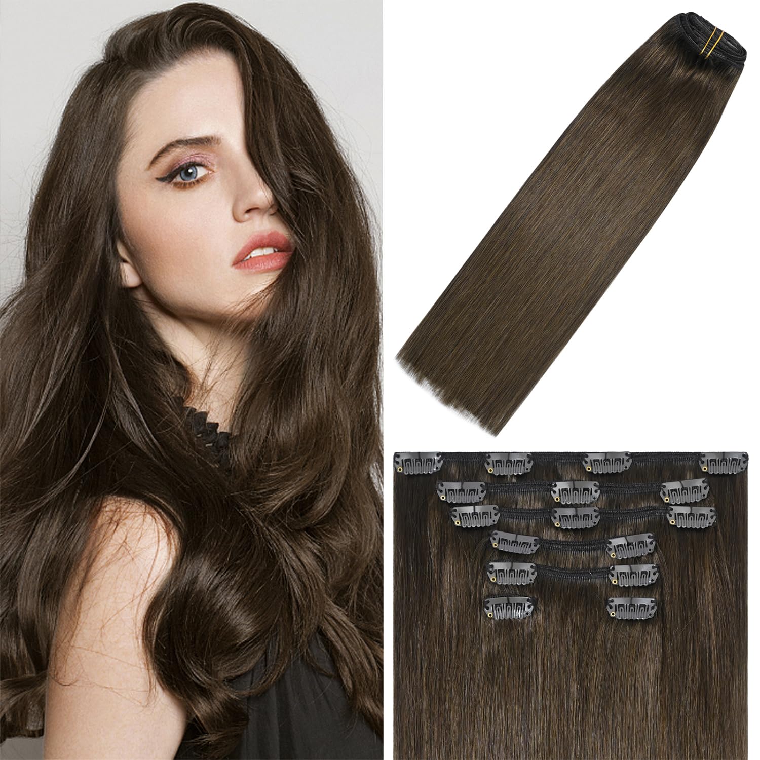 WindTouch Clip in Hair Extensions Medium Brown Hair Extensions Real Human Hair 75g 7PCS #4 Chocolate Brown 22Inch Extensions for Women Remy Hair