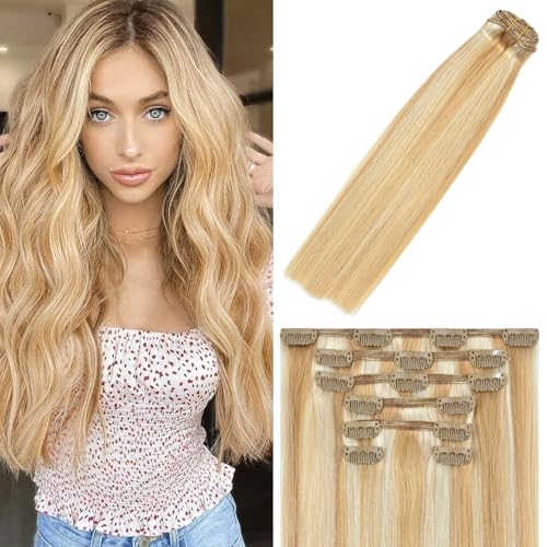 WindTouch Clip in Hair Extensions Human Hair Balayage Golden brown to Blonde 15Inch 75g #27p613 Straight 7PCS Gift for Women
