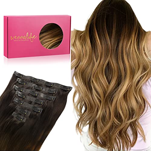 WENNALIFE Seamless Clip In Hair Extensions, 18 Inch 130g 7pcs Dark Brown to Chestnut Brown and Dirty Blonde Hair Extensions Clip in Human Hair Invisible PU Skin Weft Remy Human Hair Extension