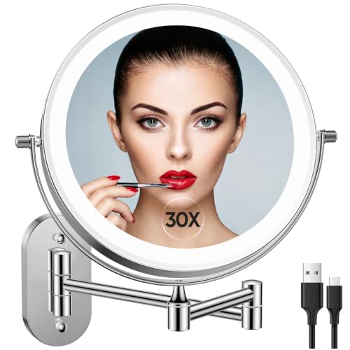 Rechargeable Wall Mounted Lighted Makeup Vanity Mirror 8 Inch Double Sided 1X 10X Magnifying Bathroom Mirror, 3 Color Lighting, Touch Screen Dimming, Extended Arm 360 Rotation Shaving Light up Mirror