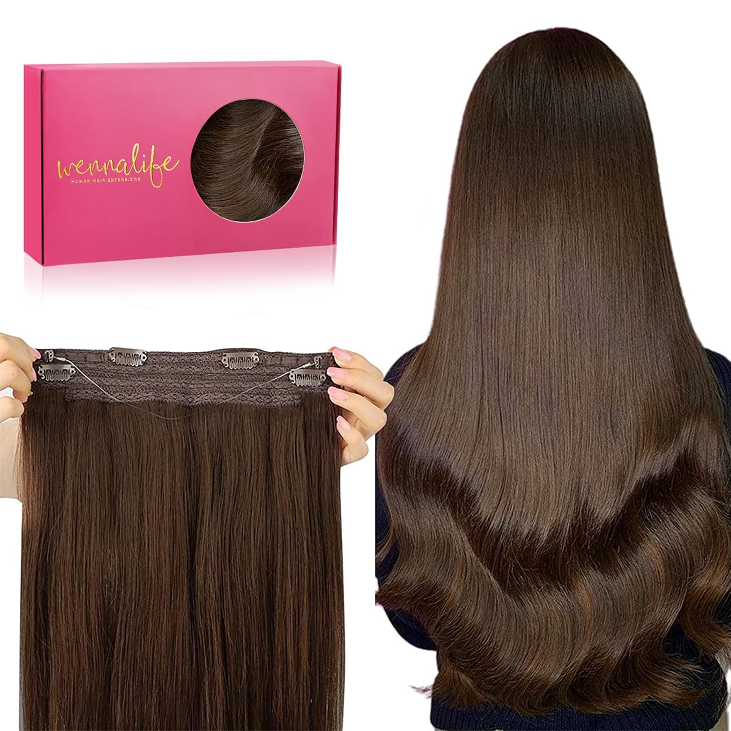 WENNALIFE Wire Hair Extensions (Increase 50% Lifespan) Real Human Hair 14 inch 75g Chocolate Brown Remy Hair Invisible Transparent Wire Fish Line Straight Reusable Extensiones De Cabello Humano