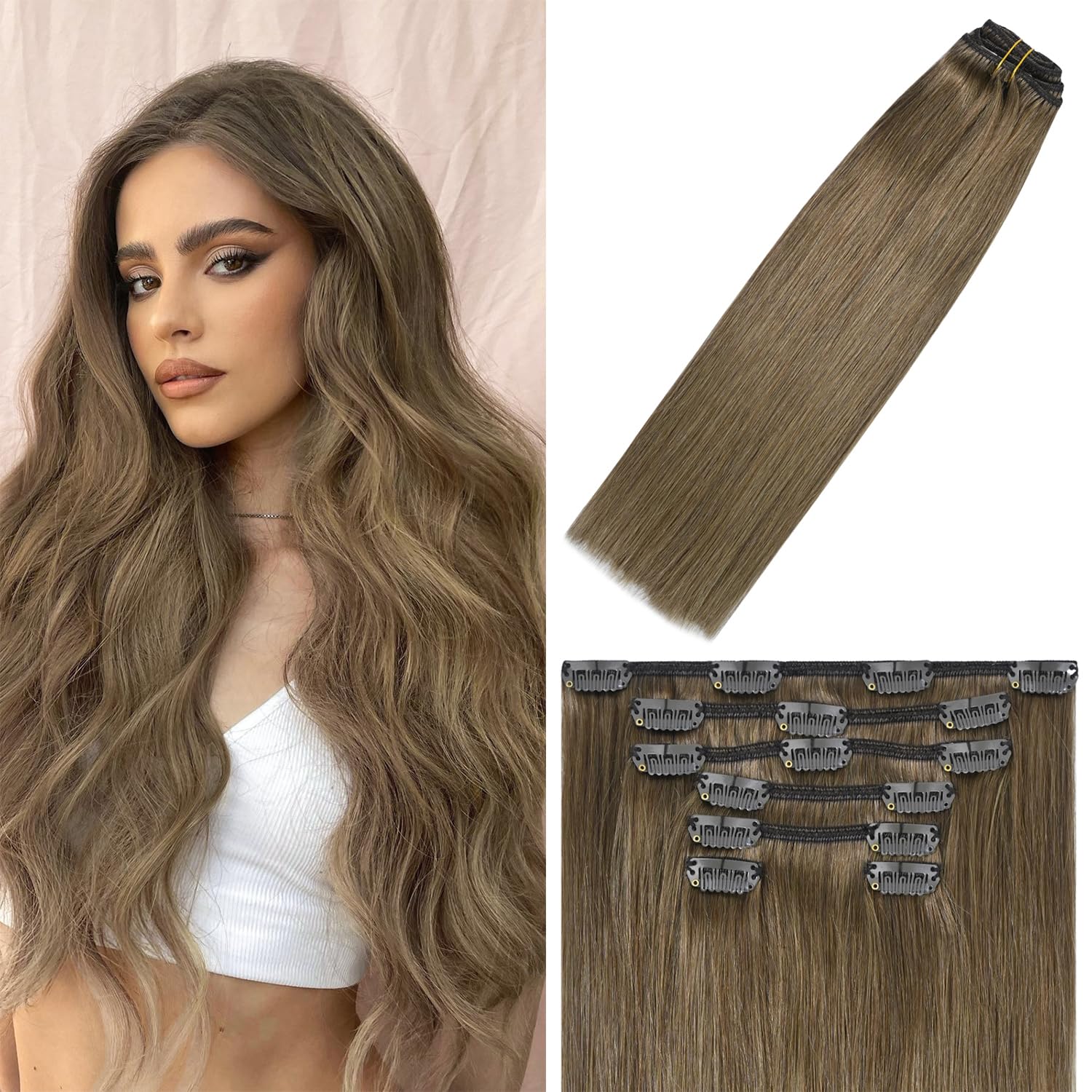 WindTouch 22 inch Human Hair Clip Ins #8 Ash Brown