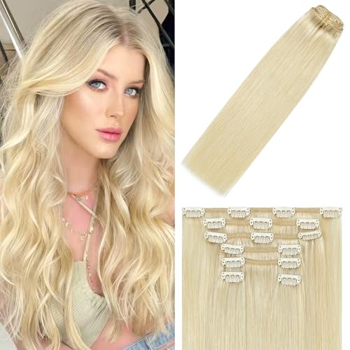 WindTouch Clip in Hair Extensions Real Human Hair #60 Platinum Blonde Hair Extensions 15Inch 75g 7pcs Blonde Human Hair Clip in Extensions Straight